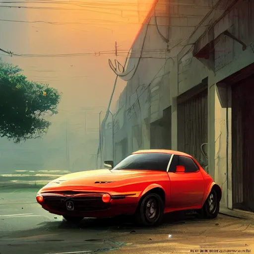 Prompt: concept art of a retro mazda in front of a garage, greg rutkowski, 8 k, highly detailed, neon colors, volumetric lighting