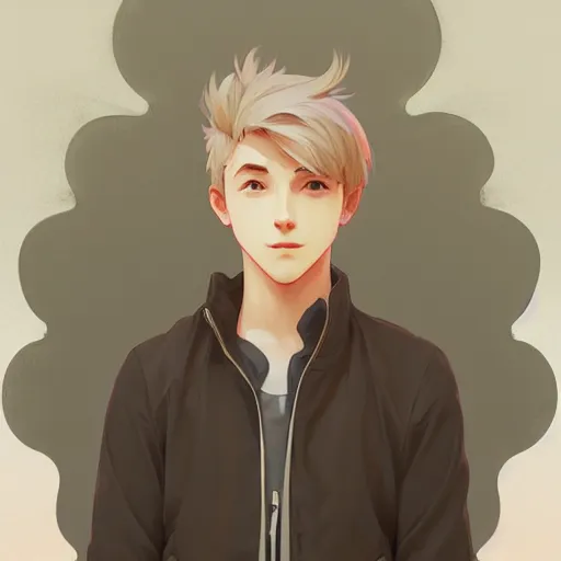 Image similar to young man with short, ash blond greyish hair, light brown eyes, casual clothes, relaxing, happy, path traced, highly detailed, high quality, digital painting, by studio ghibli and alphonse mucha, sylvain sarrailh, beautiful details