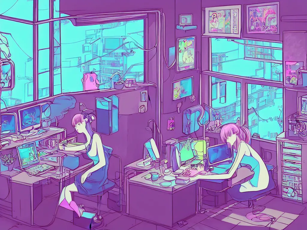 Prompt: beautiful drawing of a female in her small apartment sitting at her computer desk which is in front of a window which looks out to the neon cyber city, style vaporware cartoon japan, low - fi, pet cat, chillout scene, kawaii anime manga style, illustration, aesthetic, neon pastel, in the style of bryce kho and hayao miyazaki and ghibli