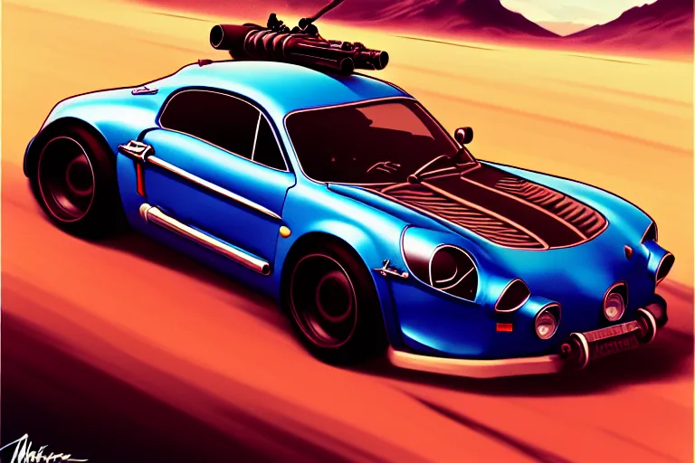 Image similar to mad max's alpine a 1 1 0 : : speeding, firing guns, lights on : : by ilya kuvshinov, rossdraws, artgerm, sola digital arts, anti aliasing, raytracing : :