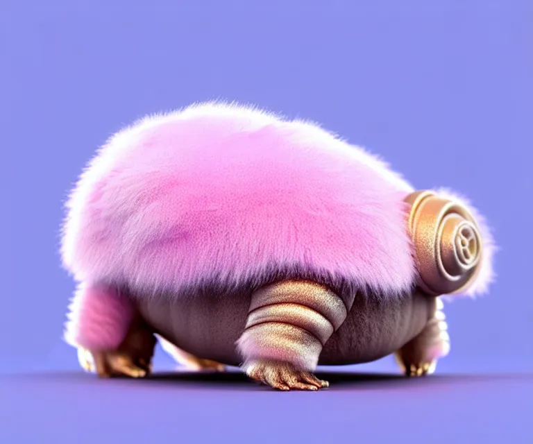 Image similar to high quality 3 d render hyperrealistic very cute small tardigrade, plush mascot, short spiky dense fluffy smooth hair, photo from the side, pink fluffy fur, 1 5 0 mm, beautiful natural soft light, rim light, vray, smooth background, artstation, ultra detailed