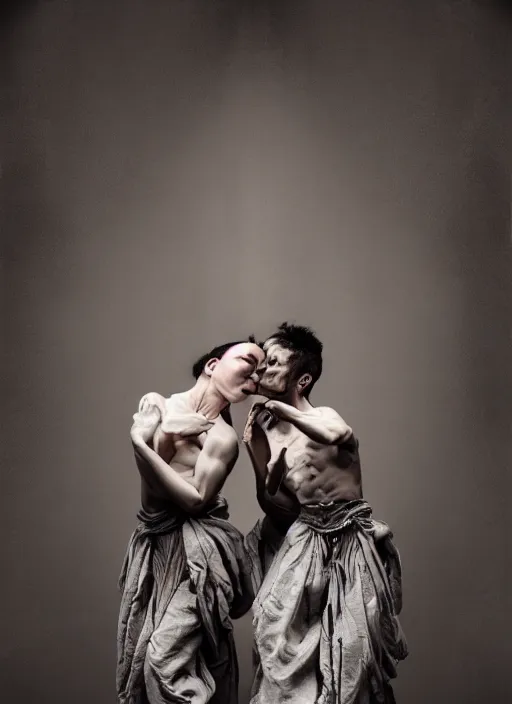 Image similar to expressive potrait photo of male and female butoh dancers dancing with cloth, glamour shot, by jenny saville, by stefan gesell, photorealistic, canon r 3, fashion photography, hyper maximalist, elegant, ornate, luxury, elite, environmental portrait, symmetrical features, octane render, unreal engine, solid dark grey background, dramatic lights