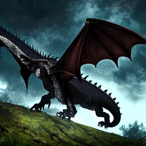 Prompt: black scaled fire - breathing dragon with big wings, forest background, 4 k, cinematic composition, fantasy, extremely detailed, hyperrealism