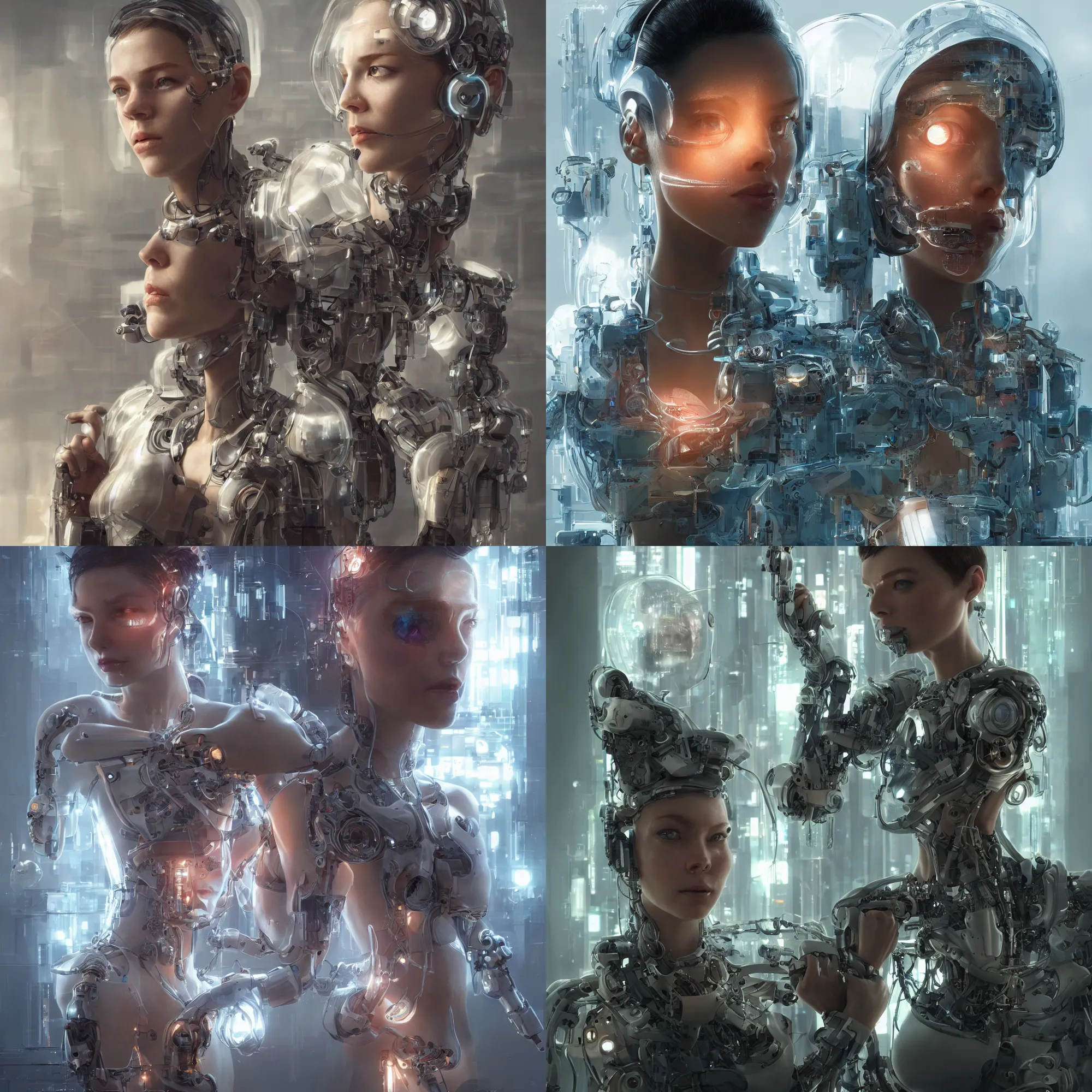 Prompt: hyper realistic portraiture of female cyborg with transparent acrylic shell, perfect proportion, very intricate, cyberpunk interior, cinematic, asymmetrical, beautifully lit, vray, octane render 4k, high resolution, art by cory loftis, craig mullins, james jean, grzegorz rutkowski, tom bagshaw,