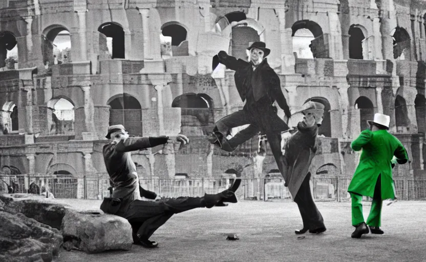 Prompt: inspector gadget fighting a leprechaun at the colosseum, with thousands of spectators