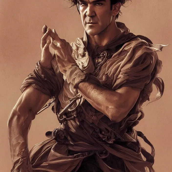 Image similar to handsome young antonio banderas, masterpiece, intricate, elegant, highly detailed, digital painting, artstation, concept art, smooth, sharp focus, illustration, art by artgerm and greg rutkowski and alphonse mucha and huang guangjian and gil elvgren and sachin teng, symmetry