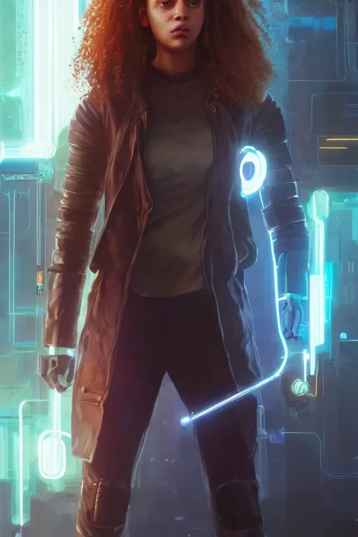 Prompt: portrait of cyborg Hermione Granger in cyberpunk, neon lighting, night city, digital art from artstation by Ruan Jia and Mandy Jurgens and Artgerm and william-adolphe bouguereau and Greg Rutkowski and Wayne Barlowe