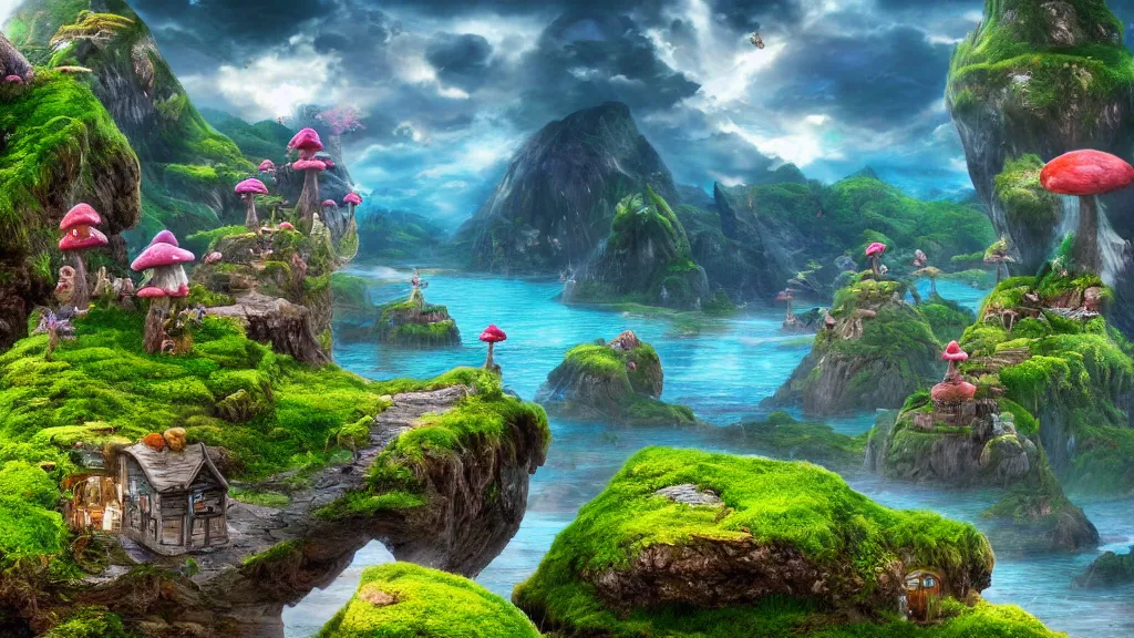 Image similar to fantasy micro world toadstool cottages islands suspended in the air like in the Avatar movie, fantasy artwork, very beautiful scenery, hd, hdr, unreal engine 5, cinematic 4k wallpaper, 8k, ultra detailed, high resolution, artstation