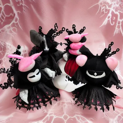 Prompt: cute fumo plush of the nightmare princess, gothic regal and tattered black, broken hearts, tragic wraith, vray, web of tendrils, arachnid, wink