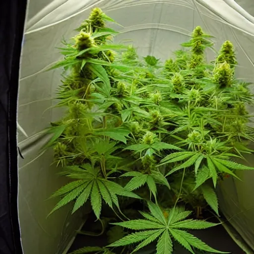 Prompt: picture of marijuana plant taken inside grow tent,