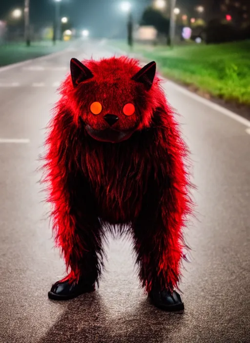 Image similar to hyperrealistic and heavy detailed glowing red eyes dark green furry monster, leica sl 5 0 mm, vivid color, high quality, high textured, real life, full body in shot, far distance, thunder storm