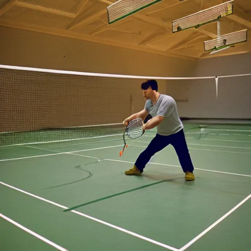 Prompt: rhino playing badminton on a badminton court in a sports hall, professional photo, 3 5 mm,