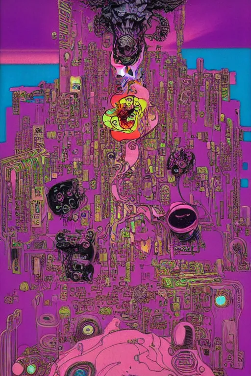 Prompt: ren & stimpy cyberpunk textural fluid lines purple, pink, blue, green. otherworldly vaporwave interesting details fantasy lut epic composition by basquiat zdzisław beksinski james jean artgerm rutkowski moebius francis bacon gustav klimt