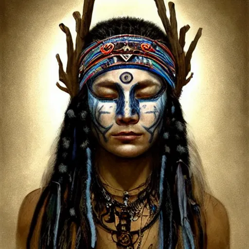 Image similar to A young blindfolded shaman woman with a decorated headband performing a pagan ritual, in the style of heilung, blue hair dreadlocks and wood on her head, tribal piercing and tatoos , atmospheric lighting, intricate detail, cgsociety, ambient light, dynamic lighting, art by karol bak