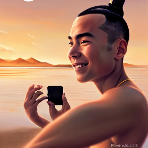 Prompt: beautiful serene intricate portrait of sokka and suki taking a selfie, smiling softly, relaxing on the beach, golden hour, soft focus, 8 k, art by irakli nadar, hyperrealism, hyperdetailed, ultra realistic