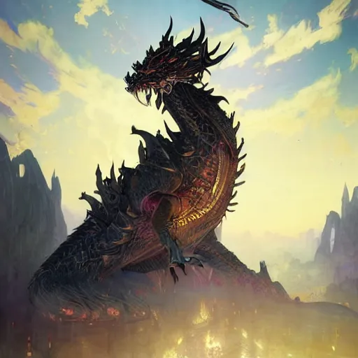 Image similar to an ornately decorated evil black dragon setting an ancient fantast city on fire in the desert, art by artgerm and greg rutkowski and magali villeneuve and alphonse mucha and rossdraws and makoto shinkai, d & d, fantasy, highly detailed, digital painting, trending on artstation, concept art, sharp focus, illustration