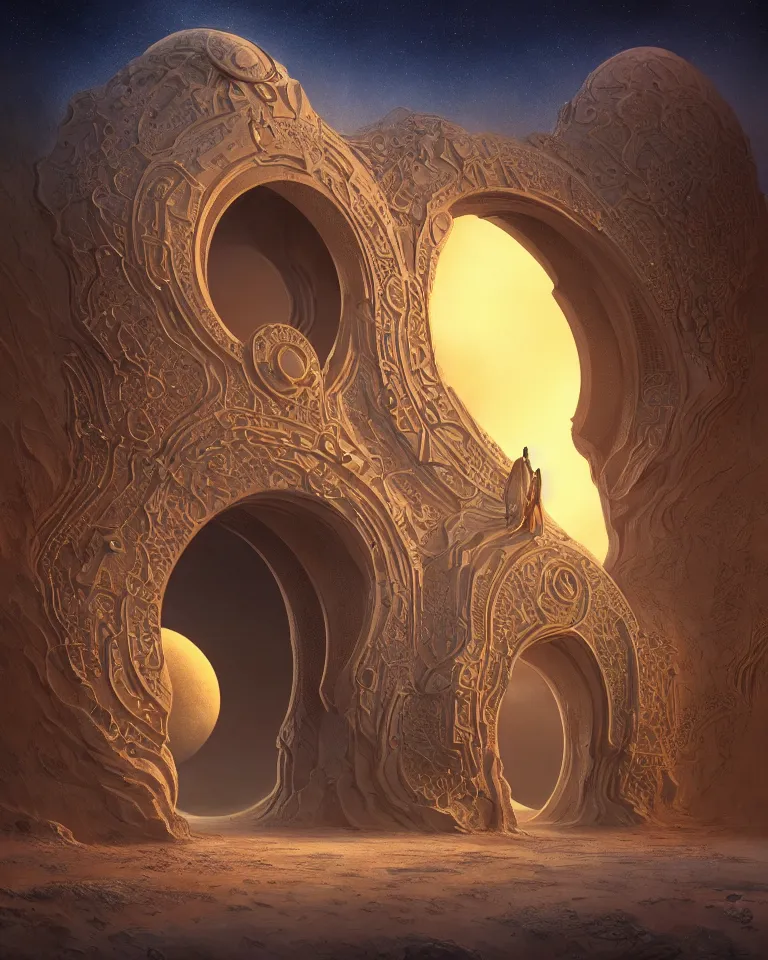 Prompt: a surreal islamic style ornamental gate in the desert opens into an other dimension with different alien landscape. by vincent di fate and james jean. ornament, intarsia, portal, doorway, dynamic lighting, ambient lighting, atmospherical, photorealistic fantasy concept art, trending on art station, stunning visuals, creative, cinematic, ultra detailed