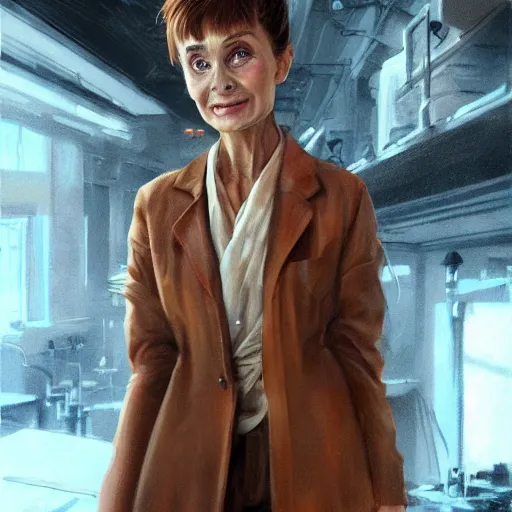 Image similar to a highly detailed epic cinematic concept art CG render digital painting artwork costume design: Audrey Hepburn as a mad scientist in a brown lab coat, with unkempt hair and crazy eyes. By Greg Rutkowski, Ilya Kuvshinov, WLOP, Stanley Artgerm Lau, Ruan Jia and Fenghua Zhong, trending on ArtStation, made in Maya, Blender and Photoshop, octane render, excellent composition, cinematic atmosphere, dynamic dramatic cinematic lighting, aesthetic, very inspirational, arthouse