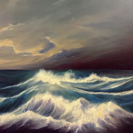 Prompt: a painting of an ocean full of waves half above water, half below water