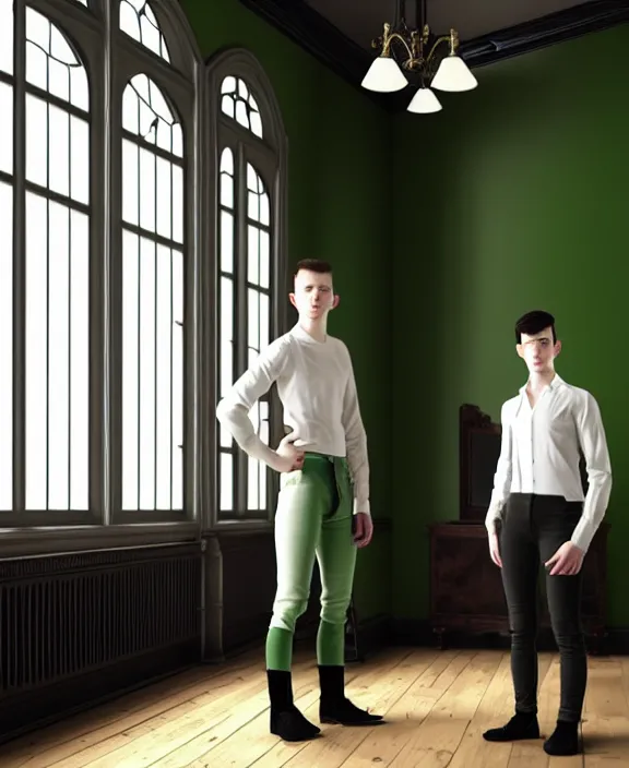 Image similar to androgynous male with black short hair and pale skin is standing in front of a mirror surrounded by victorian interior in a room with tall windows and moos green flooring. by leonardo da vinci, volumetric lighting, petspective room layout