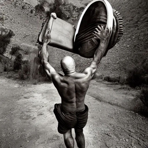 Image similar to a muscular bald man carrying two turbines on his back, portrait photograph, nikon 3 5 mm, photograph by annie leibovitz and steve mccurry