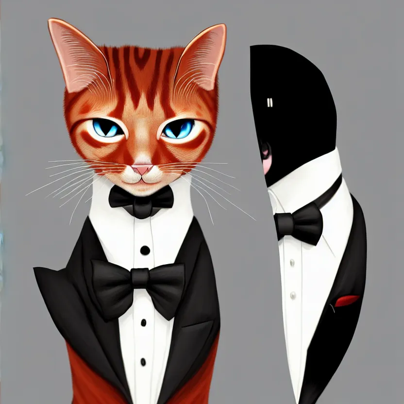 Prompt: slim cruel business humanoid ginger cat in tuxedo with black bob hair, elegant, 2 d, ultra highly detailed, digital painting, smooth, sharp focus, artstation, art by ilya kuvshinov!