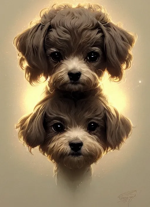 Image similar to symmetry!! portrait of a small cute dog, dnd, intricate, elegant, highly detailed, digital painting, artstation, concept art, smooth, sharp focus, illustration, art by artgerm and greg rutkowski and alphonse mucha