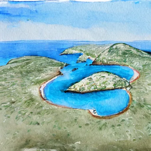 Image similar to a bird's - eye view of a island in de middle of the ocean, watercolor