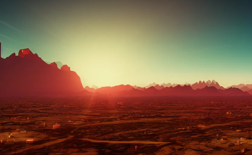 Image similar to a beautiful photo of a sci - fi scientific industrial facility localized in a desert, mountains in the background, patches of yellowish - red - magenta sky, sunset lighting, detailed, hazy, volumetric lighting, god rays, 8 k, cinematic