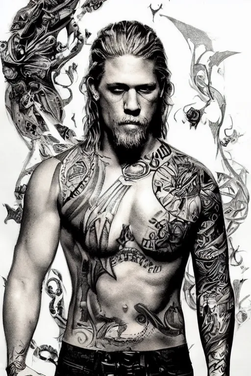 Image similar to Photorealistic Portrait of frontal standing pose torso of a very attractive buffed Jax Teller heavily tattooed. surrounded by magic lightings overlays, Intricate, concept art, magic lighting overlays, magical portal opened, D&D!, fantasy style, sharp focus!, ultra detailed, art by Artgerm and Peter Andrew Jones, WLUP, Magali Villeneuve