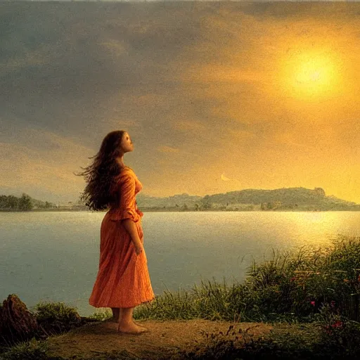 Prompt: young beautiful woman by the lake, hair waving in the wind, sunset, high detail, dramatic light, digital art, chiaroscuro, dark, painted by caspar david friedrich