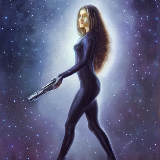 Image similar to pleiadian woman with big eyes and long silver hair wearing a dark body suit and holding a plasma gun as a realistic sci fi character, portrait art by donato giancola and greg rutkowski, digital art, trending on artstation, standing in a barren field, full body, long silver hair