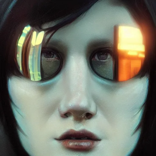 Image similar to close - up portrait of a young beautiful cyberpunk woman, mirror eye implants, short black hair, sunset, painted by seb mckinnon, high detail, digital art, painted by greg rutkowski, trending on artstation