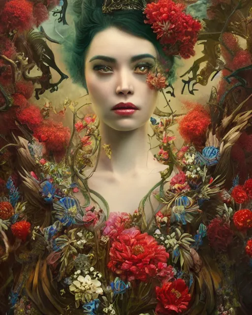 Prompt: portrait of the eurasian queen of the underworld, surrounded by flowers by karol bak, james jean, tom bagshaw, rococo, sharp focus, trending on artstation, cinematic lighting, hyper realism, octane render, 8 k, hyper detailed.