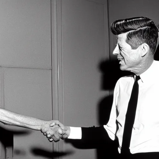 Prompt: a black and white photo of president kennedy shaking hands with a 1 9 5 0 s space alien