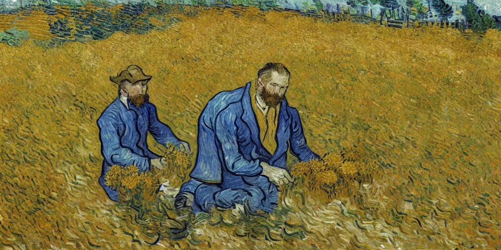 Prompt: an oil painting of van gogh is painting in a sunflower filed, by van gogh