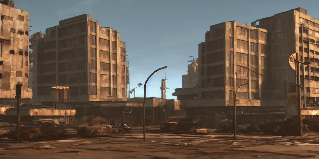 Prompt: fallout concept art neodeco singular building render grim realistic lighting unreal engine 5