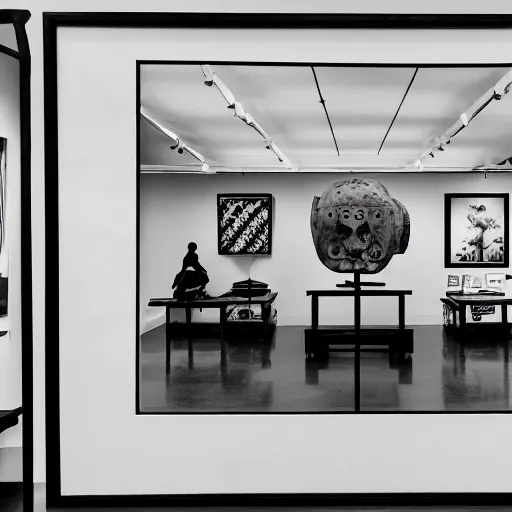 Image similar to A black and white screen print of gallery exhibition view from the 60s with colonial artifacts on display, anthropology, colonial, wild, exotic, artifacts, pedestal, ethnography, screen printing