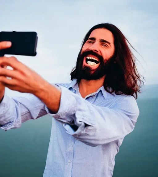 Image similar to Jesus taking a selfie. He is laughing. Professional photo