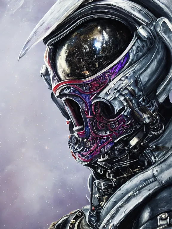 Image similar to portrait art of 8k ultra realistic undead retro futuristic astronaut vampire king , galaxy reflected in helmet , detailed intricate ornate armour,corrupted, cybernetic, full of colour, cinematic lighting, battered, trending on artstation, 4k, hyperrealistic, focused, extreme details,unreal engine 5, cinematic, masterpiece, art by ayami kojima, giger