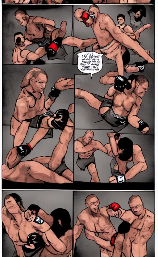 Image similar to a comic page of a mma fight