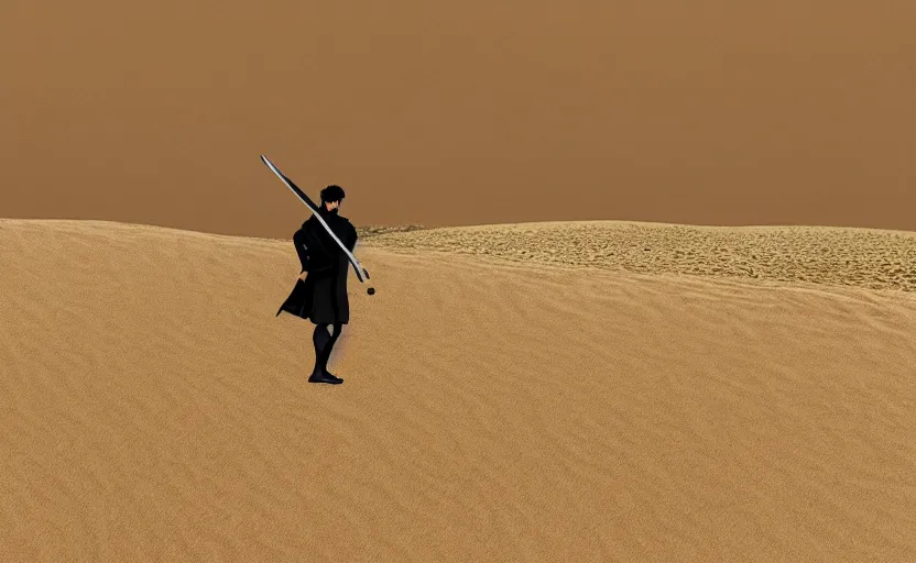 Image similar to roronoa zoro in sand dunes, photography