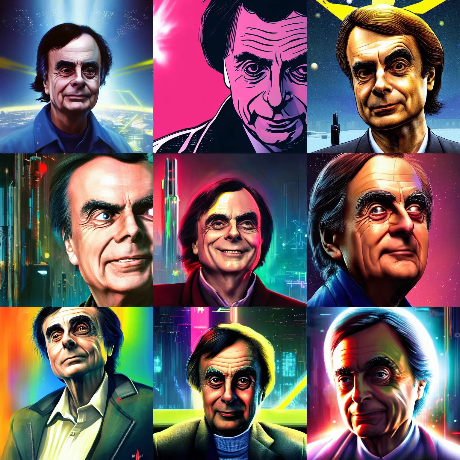 Prompt: happy carl sagan portrait in cyberpunk 2 0 7 7 3 8 4 0 x 2 1 6 0 cosmos