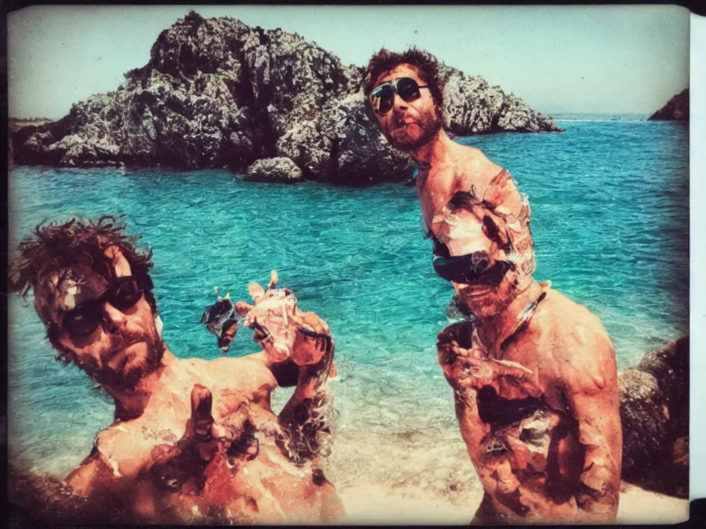 Prompt: jovanotti ravages the beaches of the adriatic coast crying, polaroid color photo, ultra realistic