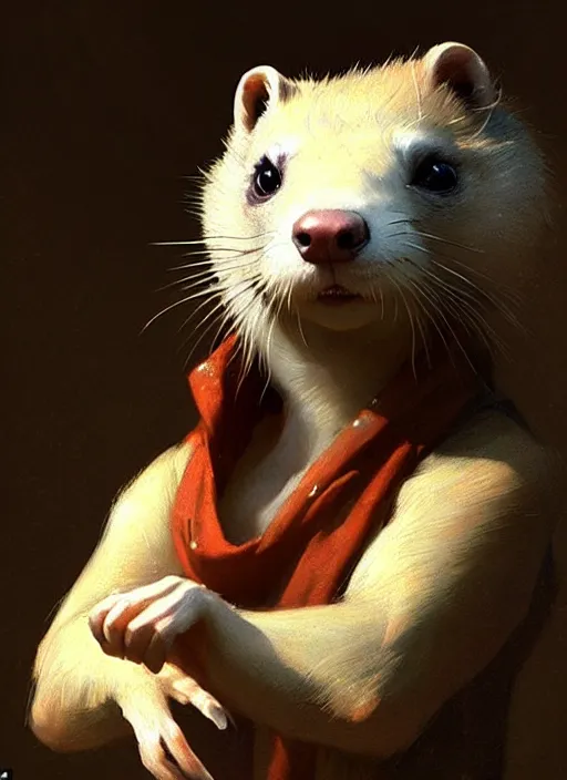 Prompt: a beautiful close - up shot from a fantasy film of an anthropomorphic ferret with bright golden eyes wearing a loose tunic. joseph ducreux, greg rutkowski.