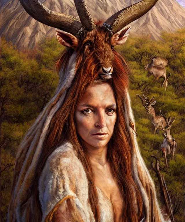 Image similar to a detailed horned antelopewoman stands among the mountains. wearing a ripped mantle, robe. perfect faces, extremely high details, realistic, fantasy art, solo, masterpiece, soft colors and lighting, art by daniel e. greene, johannen voss, zoey frank, vincent desiderio