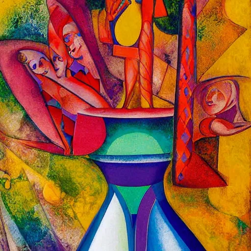 Image similar to angelic sharp cosmic hell rhombu marlin vase monolith viola , by Judson Huss and Marc Chagall and Sandro Botticelli , tiki , detailed painting , fauvist