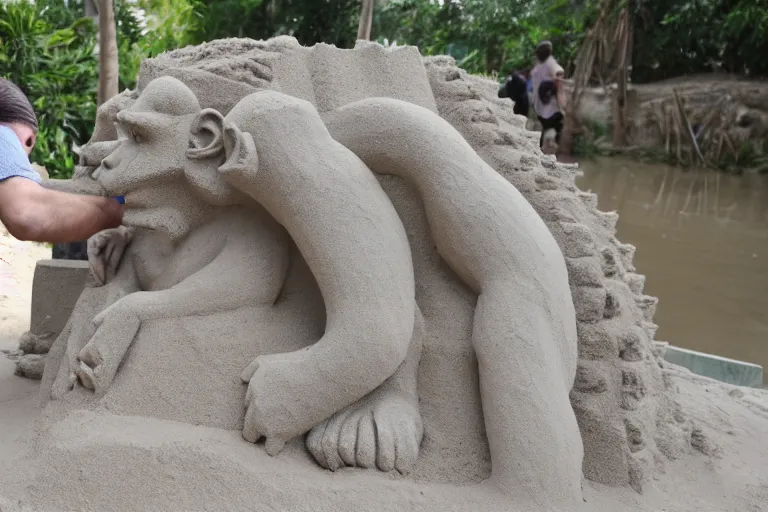 Image similar to a monkey touching a completed sand castle