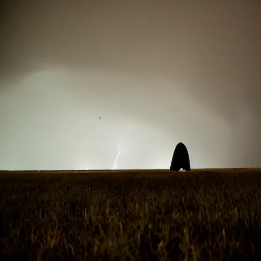 Image similar to scary unproportionally tall disfigured ghost creature in the middle of an old battlefield, thunderstorm, 35mm picture