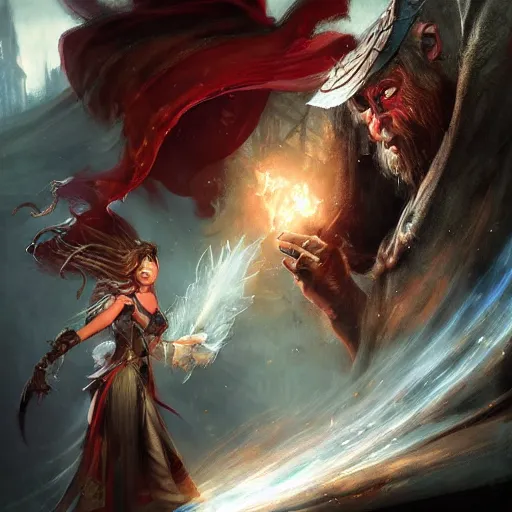 Prompt: enchanting sorcerer painted by Raymond Swanland